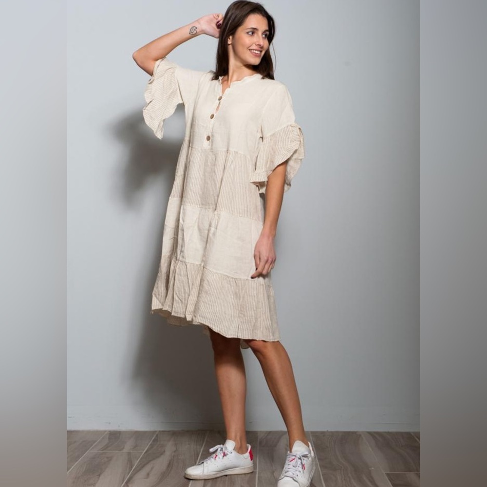 NWT Flowy Knee-Length Linen Striped Dress in Natural